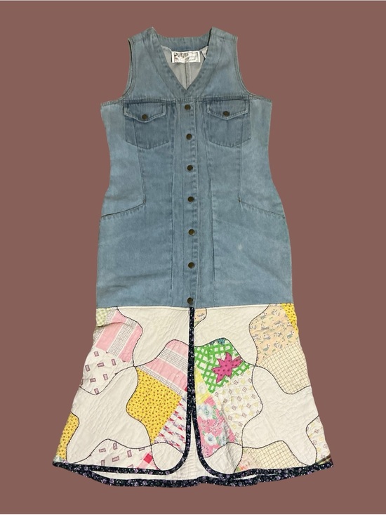 Unique Vintage Dresses & Skirts - Vintage Reworked Denim Quilt Dress Upcycled Patchwork Prairie Midi Dress
